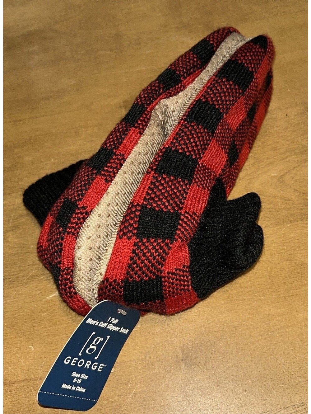Men’s George Fuzzy Cuff Slipper Socks with Grippers, Non-Slip Size 8-10